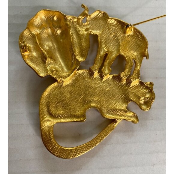 Elephant & Leopard Gold-Tone Metal Animal Brooch Pin - Picture 3 of 5